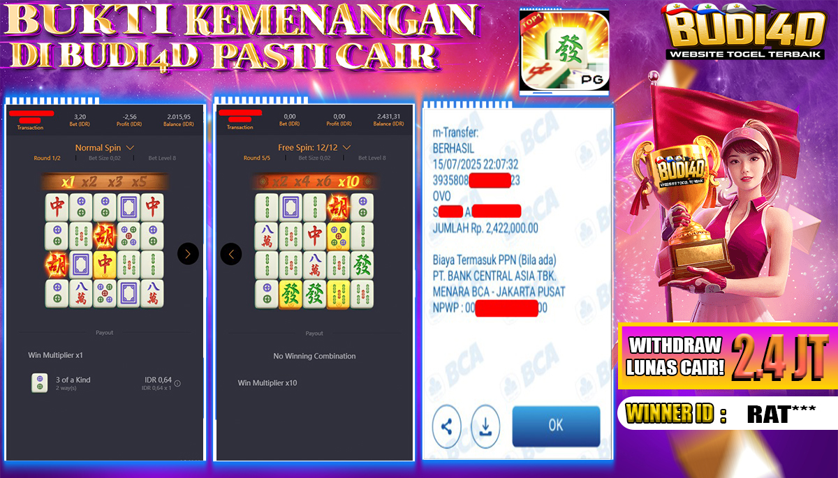BUDI4D JACKPOT USERID: RAT**** SLOT PGSOFT MAHJONG WAYS Rp.2.422.000,- LUNAS